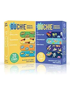 Aya Papaya Ouchie Non-Toxic Printed Bandages Combo Set Of 2 (40 Pack) - Yellow & Space Blue