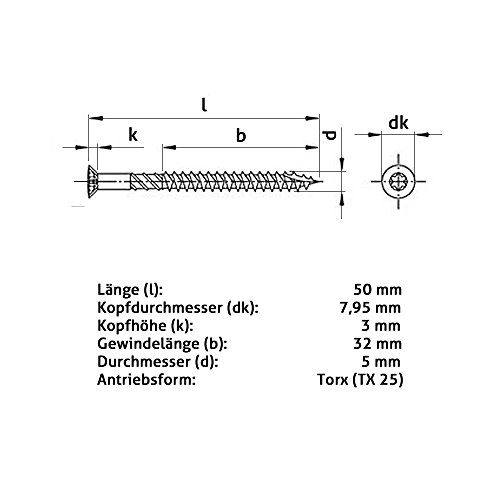 400 Stück T-INOX 5 x 50 Terrassenschrauben C1 Edelstahl gehärtet Torx, inkl. Wera TX 25 Edelstahl Bit, Terassenschrauben, Terrassenschraube AISI 410 martensitisch - 3