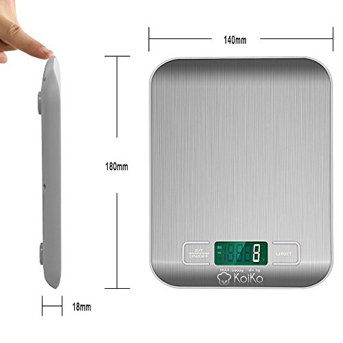 KoiKo – Digitale Küchenwaage || Elektronische Waage || Gewichtsmessung Fürs Kochen und Backen|| Bis 5 kg || Auf 1 g Exakt || Edelstahl || Grosses LCD-Display || Zuwiegefunktion (Tara-Funktion) || Inklusive 2 x AAA Batterien - 2