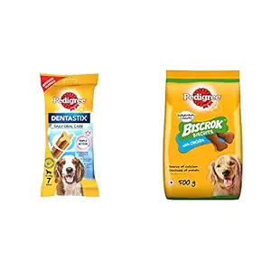 Pedigree Dentastix Medium Breed (10-25 kg) Oral Care Dog Treat (Chew Sticks) (7 Sticks) 180g Weekly & Pedigree Biscrok Biscuits Dog Treats (Above 4 Months), Chicken Flavor, 500g