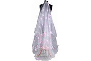 SMTCM Voile de mariée avec fleur rose - 3 m de long - Blanc - 1 niveau - Longueur au sol - Église - En tulle doux - Accessoire de cheveux pour femme, mariage, enterrement de vie de jeune fille
