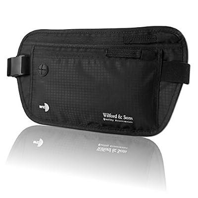 Wilford & Sons Sac banane porte–monnaie plat + bloqueur RFID | 3 pochettes de sécurité | Ceinture de voyage hydrofuge, invisible | Téléphone, passeport, carte d’identité, argent, cartes | Homme et femme