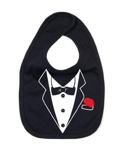 Dirty Fingers, A Tuxedo with Carnation in pocket, Boy Girl Unisex Feeding Bib, Black