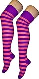 Women Stripe Over The Knee Socks Thigh High Girls Stretchy OTK Socks Fancy Dress (Pink & Purple)