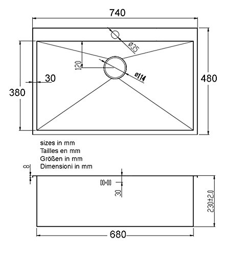 XL groß 1 Becken Handgefertigtes Nullradius eckiges Küchen Spülbecken. Gebürstete Edelstahl Einbauspüle (DS027) - 2