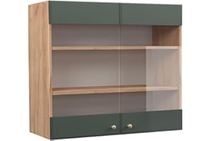 ‎VICCO Vicco Fame-Line Kitchen Glass Cabinet Green Gold Country House / Goldkraft Oak 80 cm