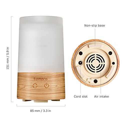 Tomons Diffuser für ätherische Öle, Aromatherapie Ultraschall flüsterleise mit sechs verschiedenen Leuchtfarben automatische Abschaltung – 100 ml Luftbefeuchter aus Naturholz/ Glas - 4