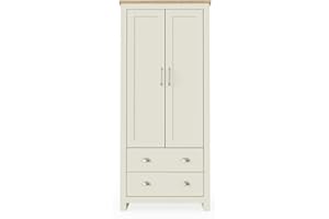 TAD TIMBER ART DESIGN UK Timber Art Design UK Lisbon Double Door Wardrobe with Drawers, Oak Top Cupboard with Hanging Shelf and Metal Handles - Bedroom Furniture Storage - Cream