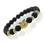 Armband Armreif,Schmuck Geschenk, New Owl Natural Stone Beads Bracelet & Bangle for Men Women Stretch Yoga Lava Stone Jewelry Fashion Accessories for Lovers Matte Onyx Gold Owl