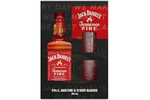 Jack Daniel's Coffret Fire 70 cl accompagné de 2 verres 35% - Liqueur de Whisky à la Cannelle - Épicée, Parfaite pour Cocktail ou Dégustation Pure - Arômes Riches de Cannelle, Vanille et Chêne Toasté