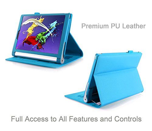 [Ecke Schutz] Lenovo Yoga Tablet 10 Zoll Hülle Tasche, Fyy hochwertige umweltfreundliche KunstlederHülle (Tasche Schutzhülle Case Cover Etui) mit Standfunktion/Aufsteller mit Fach für Kreditkarten elastische Handschlaufe Stift-Haltung (mit automatischer Schlaf/ Weck-Funktion) Blau für Lenovo Yoga Tablet 2 10 Zoll - 7