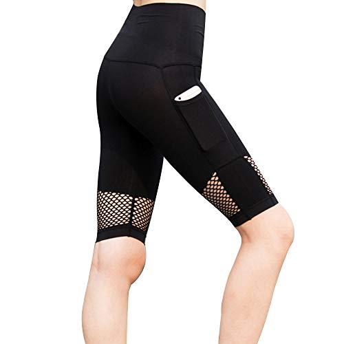 laamei' Femme Short de Sport Leggings Élastique avec Poche Minceur de Compression Filet Respirant Sexy Fitness Running Pantalon Court Opaque Stretch Gaine de Yoga