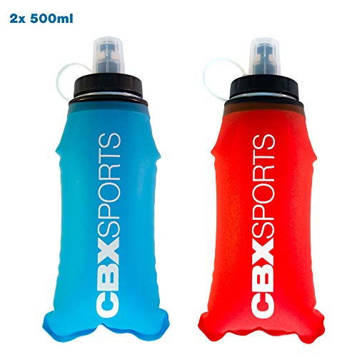 CBX Sports Botella de Agua Deportiva 2X 500ml Azul & Rojo Soft Flask para Correr, Running, Senderismo, Escalada | Blanda, Ligera y Fácil de Llenar y Agarrar