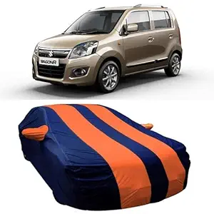 DRIZE Triple Stitched Fully Elastic Ultra Surface Body Protection Wagon r VXI Car Body Cover (Strips Orange with Mirror Pockets)