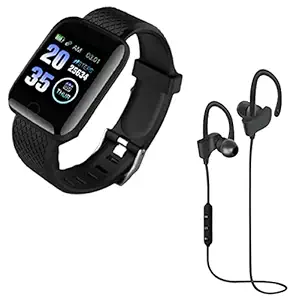 Rhobos (5 Year Limited Warranty) Waterproof D116 Touchscreen Smart Watch Bluetooth with Health Monitoring with Bluetooth QC-10 Wireless Headphones for Sports Stereo Jogger, Running, Gyming Headset