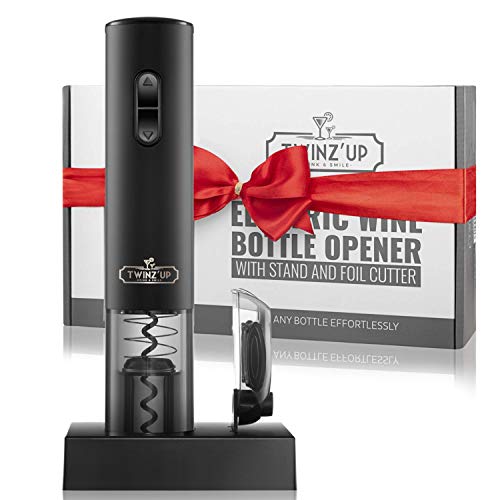 Sacacorchos Eléctrico Inalámbrico de Twinz'up (Negro) - Estuche Premium con Cortador de Cápsulas y Base de Recarga - Batería de Segunda Generación - El Regalo Ideal para los Amantes del Vino