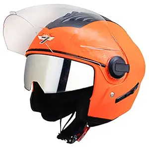 Steelbird SBA-3 7Wings Open Face Helmet with Chrome Silver Sun Shield, ISI Certified Helmet (Medium 580 MM, Glossy Fluo Orange)