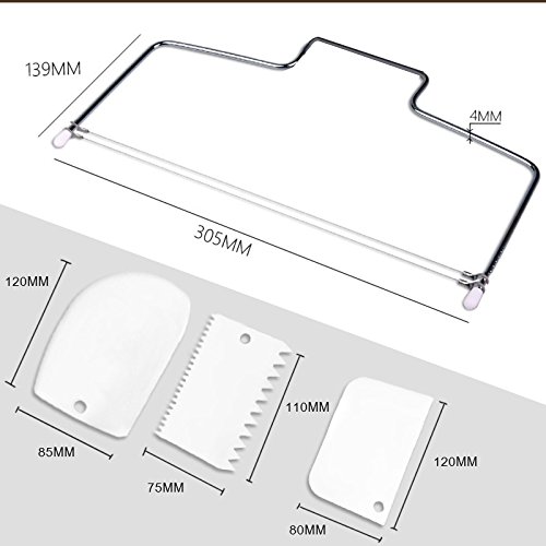 ilauke 2fach Tortenbodenschneider Tortenbodenteiler Teigspachtel Kuchenmesser mit Schneidedraht Höhenverstellbar mit 3 Patisserie Teigschaber Teigschneider Rund Eckig Kuchengarnierer Lebensmittelgeeignet und spülmaschinenfest (2fach Messer + 3er Teigspachtel)