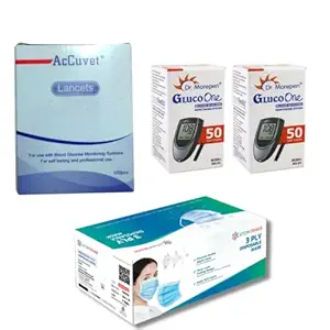 DR Morepen Glucometer 100 strips with Accuvet 100 Lancets with FREE ATOM Shield 3 Ply 50s Mask in Self Dispensing Box