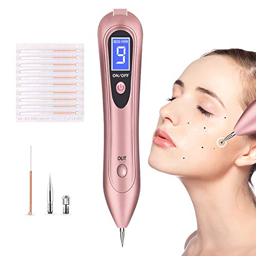 Lápiz de eliminación de etiqueta de piel, 9 niveles de resistencia y pantalla LCD, agujas reemplazables, USB portátil recargable para verruga, peca, mancha oscura, nevo y tatuaje pequeño.