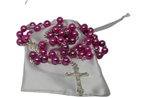 AMELIA MAE First Holy Communion Dark Pink Rosary Beads 1st Communion Confirmation Girls/Boys Gift Excellent Quality Five Decade Rosary & Silver Crucifix Pearl Effect Beads with Free White Satin Drawstring Pouch