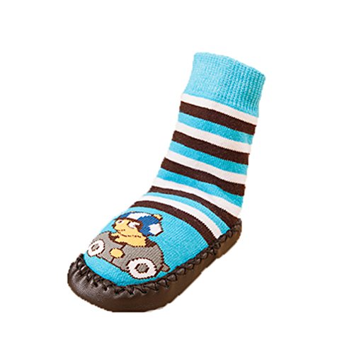 Moolecole Baby Boys Girls Moccasins Socks Toddler Socks Kids Antiskid Stockings Baby Shoes Slippers Infant Socks Non-skid Floor Socks Striped Car Boy 17cm