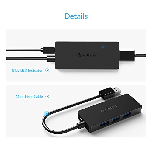 ORICO 4-Port USB 3.0 Hub, dünn und tragbar, Ultra High-Speed (bis zu 5 Gb/s), unterstützt OTG, mit einem zum Aufladen für USB Micro-B 5V reserviertem Stromanschluss - 6