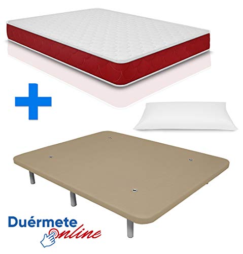 Duermete Pack Colchón Viscoelástico Lite Reversible + Almohada + Base Tapizada 3D Reforzada 5 Barras de Refuerzo y Válvulas de Ventilación con 6 Patas, Madera, Color Beige, 90x190