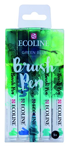 Ecoline Brush Pen Set of 5 Liquid Watercolor Pens – Green Blue Shades | Blendable Brush Markers for Hand Lettering, Drawing, & Crafts