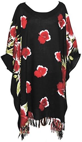 Happy Hawaiian Hut Ladies Kaftan Tunic Hawaiian Beachwear Bikini Cover Up One Size Fits All Freesize Large Plus (Black/Red Hibiscus)