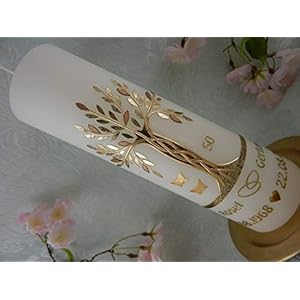 Hochzeitskerze Traukerze Lebensbaum gold Schmetterlinge 250/70 mm inkl. Beschriftung