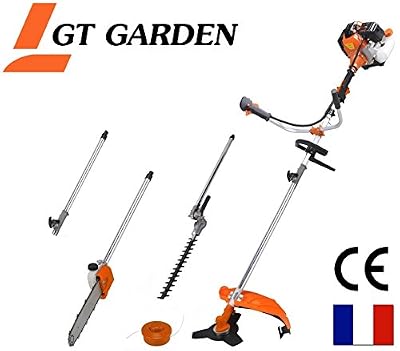 GT Garden Débroussailleuse thermique 4 en 1 avec guidon : tronconneuse - debroussailleuse - taille-haies et rallonge