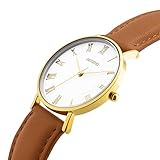 AIKURIO Damen Armbanduhr Analog Quarz Wasserdicht mit Lederband Ultra-dünnen Fall AKR009 (Gold)