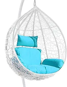 UrbanAero Hammock Swing Chair with Powder Coated Iron Stand for Home Hanging Swings for Indoor, Outdoor, Home, Patio, Yard, Balcony, Garden (White Swing and Sky Blue Cushion)