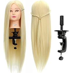 Luckyfine 26 inches Cabeza Maniquí Peluqeuría, 50% Pelo Real, Cabeza de Entrenamiento para Peluqueros, Cabeza de Muñeca de Cosmetología de Maniquí, Regalo para Niñas con Soporte Pinza - Oro Blanco