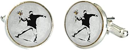 Banksy Flower Thrower Stencil Silver Plated Cufflinks - Blackbird Studio