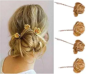 Kidzoo GOLDEN ROSE BRIDAL HAIR PINS Hair Clips 4pc Glittering Hairpins Wedding Women & Girls Hair Accessories Bridesmaid Headpiece Wedding Hairpin