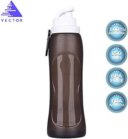 VECTOR OUTDOOR 500ml 17Oz Foldable Silicone Sport Water Bottle with Hook Can be Frozen Fill Boiling Water BPA-Free FDA Approved for Cross-country Running Cycling Hiking Camping Gray