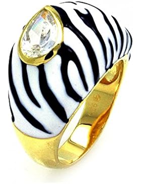 Gold beschichtet Sterling Silber schwarz weiße Email klare Birne Zirkonia Zebra Streifen Dome Ring