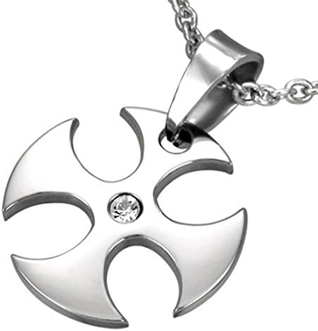 Urban HQ Stainless Steel - Maltese Cross Pendant with a clear gem - on 18" Chain Necklace