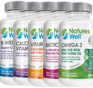 Fasting, Diet &amp; Detox Bundle, 100% Halal Certified &amp; Kosher, Potent &amp; Premium Quality Supplements, Omega 3 EPA DHA Algae Oil, Biotic Well (ProBiotic), Vitamin C 500mg, Calcium &amp; Vitamin D, (B Well) B Complete Vitamins all 60 Supply, Optimised Vegetarian Supplements by Natures Well