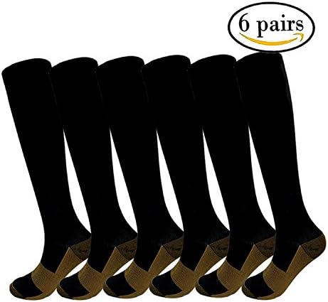 6 Pairs Copper Knee High Graduated Compression Socks For Women and Men - Best Medical, Nursing, Maternity Pregnancy and Travel Socks - 15-20mmHg (S/M, 6 Black)
