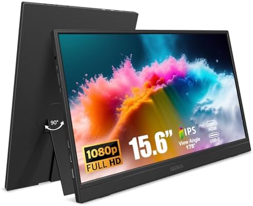 GEESUU 15.6 Inch Monitor Portatile, Schermo con Casse Integrate & Audio Integrato, Full HD, 1080p, 60Hz, IPS, Supporto Rotante a 90°, HDMI/Type-C
