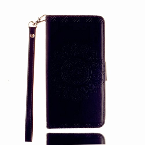 MUTOUREN Hülle für iphone SE iphone 5 5s Schutzhülle [Kratzfeste, Scratch-Resistant] Bookstyle PU Lader HandyHülle Tasche Wallet Flip Case Lederhülle Brieftasche mit Standfunktion Kartenfächer Magnetic schließt Painted Muster- Henna Indische Sonne Mandala Schwarz + Metall Stylus Stift - 3