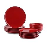 AmazonBasics Service de table 18 pièces en grès, pour 6 personnes, Rouge flamboyant