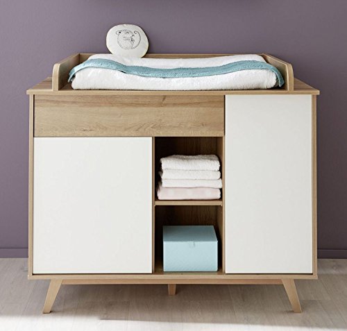 Preisvergleich Produktbild Beauty.Scouts Wickelkommode "Petit Favori", Wickeltisch, Wickelplatte, Kommode, Babyzimmer, Kinderzimmer, 2 Türen, Schubfach, 2 offene Fächer, 3 Einlegeböden, Eiche Riviera Honig NB, mit Weiss, MDF, 115x102x77cm