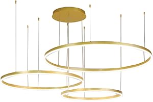 JINWELL Lampa wisząca LED, do jadalni, do salonu, przyciemniana, z pilotem zdalnego sterowania, nowoczesny żyrandol, okrągły, z aluminium, akrylu, lampa sufitowa, 108 W, złota, 3 okręgi, 60 + 80 + 100 cm