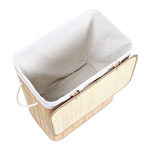 Homitex 100L Groß Bambus Faltbar Wäschekorb H x B x T: ca. 60 x 54 x 33 cm Wäschebox Wäschesammlermit fest fixiertem Wäschesack und Deckel (Natur) - 3