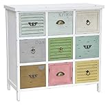 Alle Schubladen haben verschiedene Griffe und Lackierungen. Der Schank hat neun Schubladen im gleichen Format. Leicht aufziehen lassen sie sich durch Griffe aus Metall an jeder Schublade.