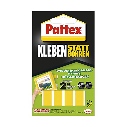 Pattex Kleben statt Bohren Klebe-Strips, starkes doppelseitiges Klebeband, ablösbare Klebestreifen, Kleber sichert Objekte dauerhaft ohne Bohren, 10 Streifen je 20 x 40mm